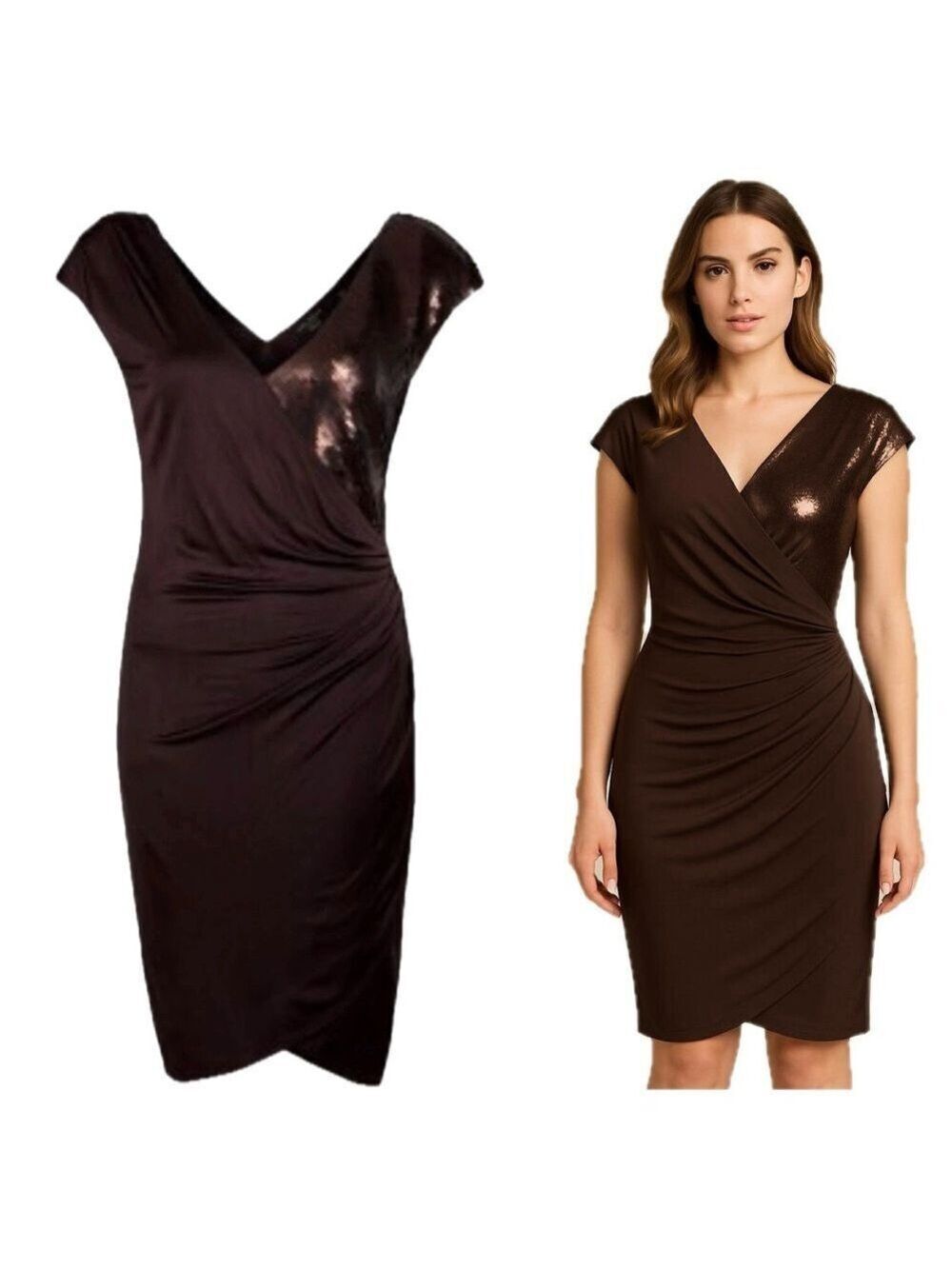 Ted Baker London Brown sequin wrap dress ruched draped short cap Sleeve US4